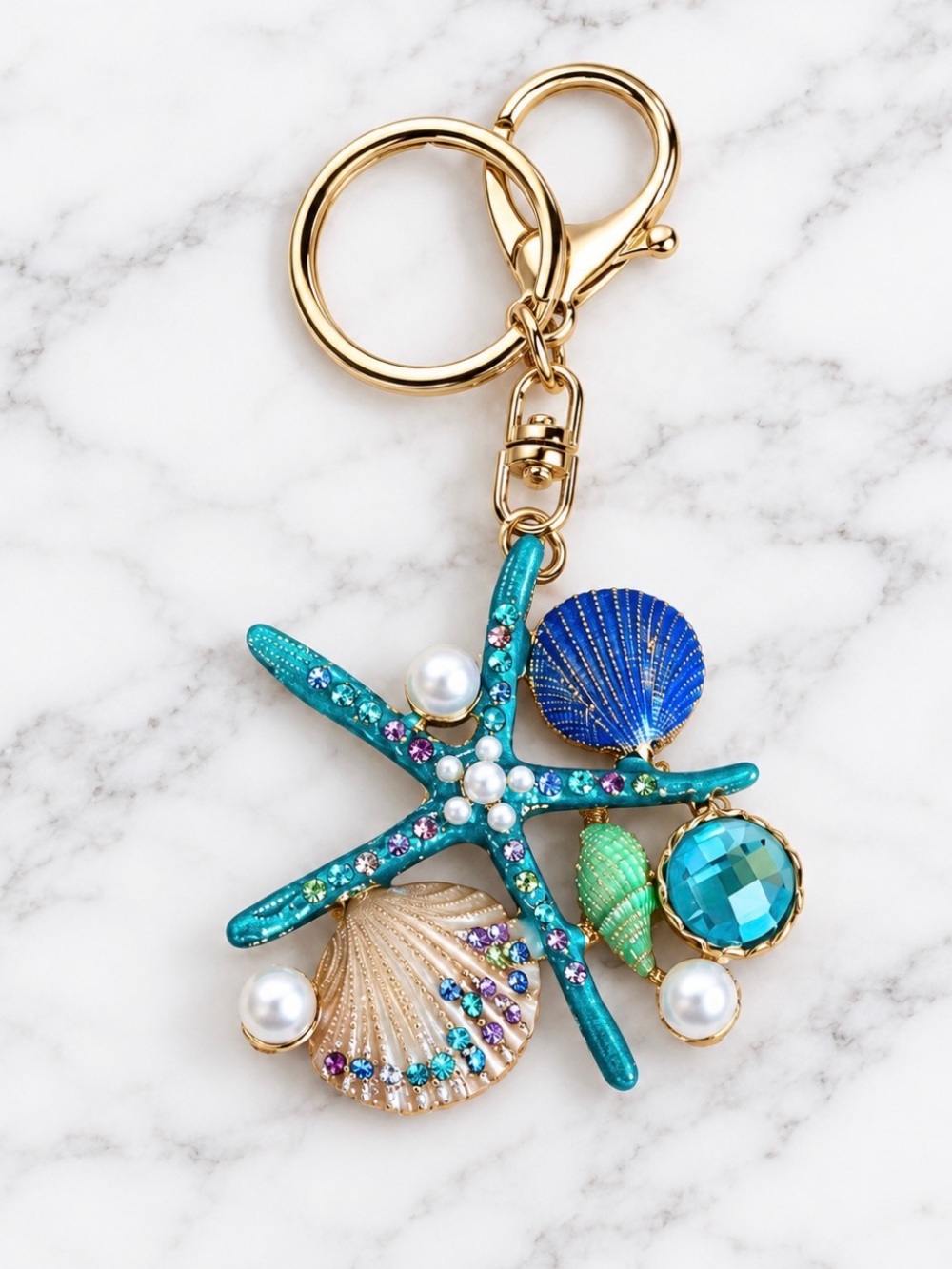 Coastal Turquoise Starfish Design Bag Charm/Keyring Shell and Pearl Accents